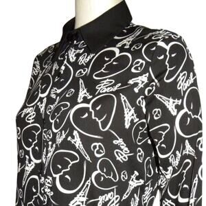 Catherine Malandrino Black PARIS Heart Print Blouse S